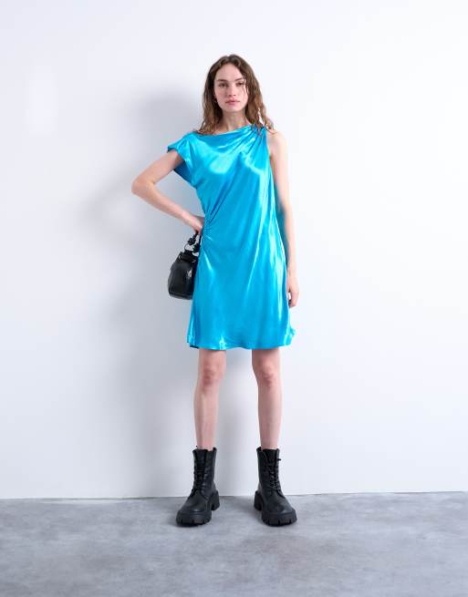 Topshop grown on shoulder ruched waist mini dress in blue satin