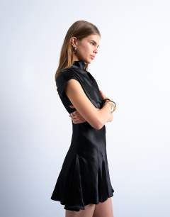 Grown on sleeve satin dress in black