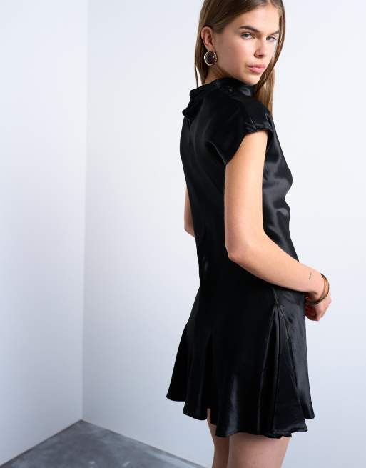 Topshop grown-on sleeve satin dress in black