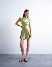 Topshop grown on sleeve satin dress in olive