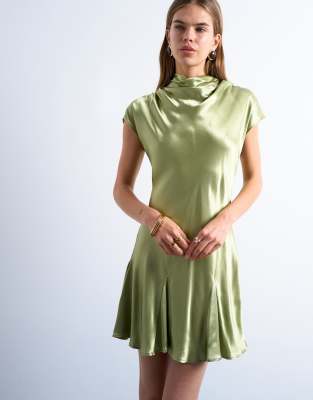 Topshop Grown-on Sleeve Satin Dress In Green
