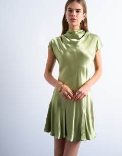 Model wearing Grown on sleeve satin dress in olive