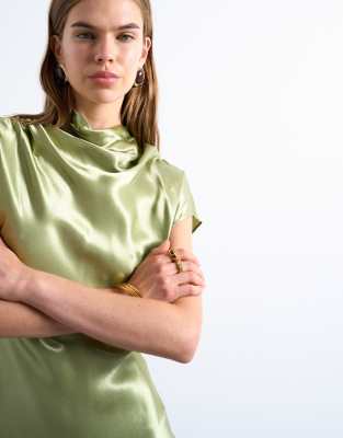 Grown on sleeve satin dress in olive | Topshop