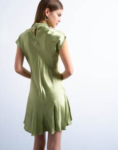 Model wearing Grown on sleeve satin dress in olive