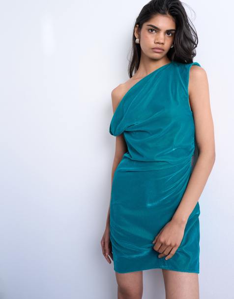 Topshop grown on twist shoulder velvet mini dress in teal - view 1
