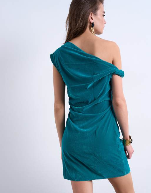 Topshop grown on twist shoulder velvet mini dress in teal, 3 of 4