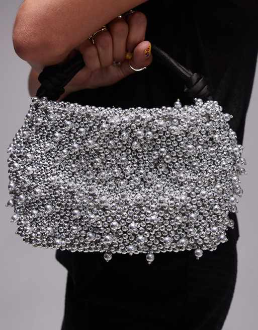 Topshop Gru embellished grab bag in silver beading, 2 of 4