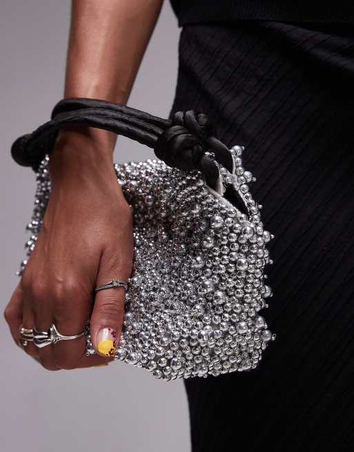 Topshop Gru embellished grab bag in silver beading, 4 of 4