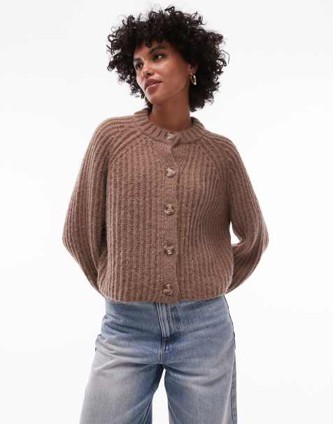 Topshop – Gruby dzianinowy kardigan z okrągłym dekoltem w brązowym kolorze - view 1
