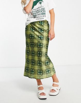 Topshop grunge check satin bias midi skirt in green  | ASOS
