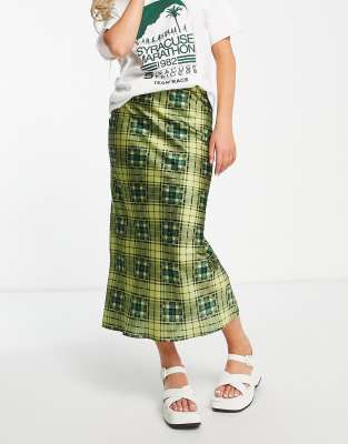 Topshop Grunge Check Satin Bias Midi Skirt In Green