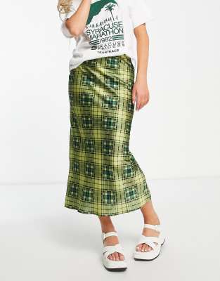 Topshop grunge check satin bias midi skirt in green  | ASOS