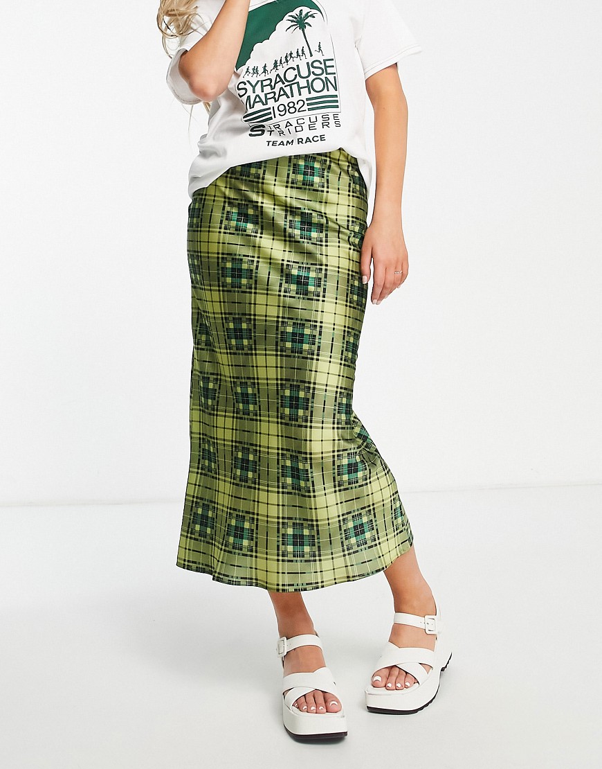 Topshop grunge check satin bias midi skirt in green