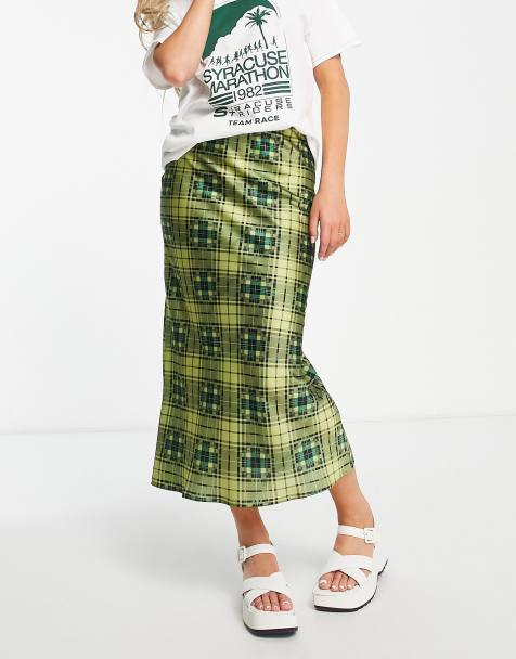 Topshop grunge check satin bias midi skirt in green 