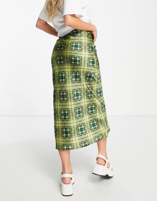 Green plaid 2025 skirt satin