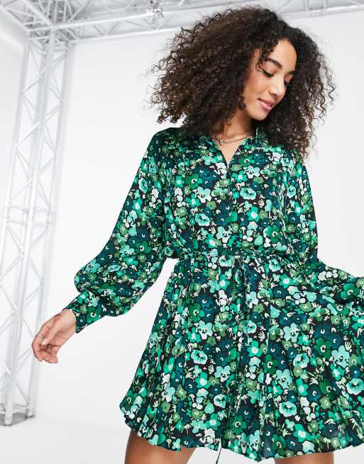 Topshop grunge floral mini shirt dress in green | ASOS