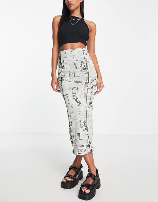 Topshop - Grunge - Midi rok met krantenprint in zwart en wit