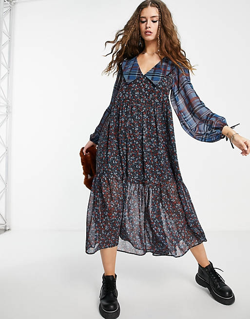 Dresses Topshop grunge mix and match floral check midi dress 