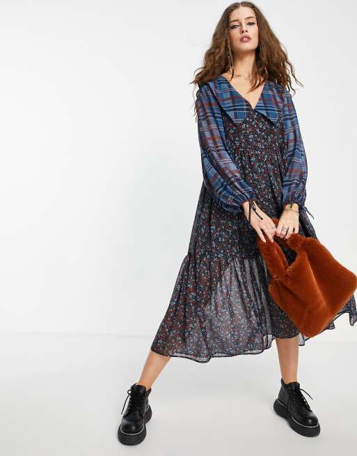 grunge mix and match floral check midi dress ASOS
