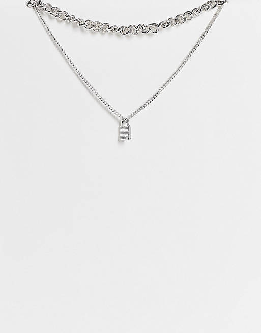 Topshop grunge padlock and chunky chain multirow necklace in silver