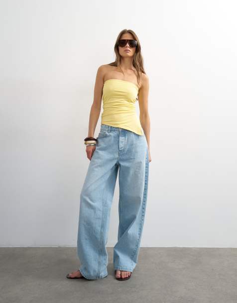 Topshop – Gul, asymmetrisk bandeau-topp med slits i sidan och rynkning - view 1