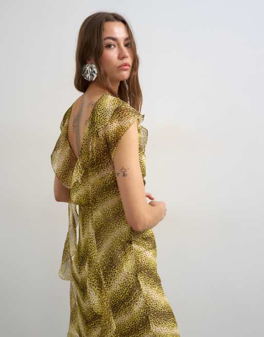 Topshop – Gul, djurmönstrad maxiklänning i chiffong med scarfdetalj, 3 av 4