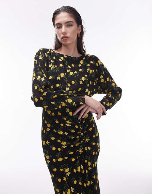 Topshop - Gul midikjole med rynket front og blomstermønster