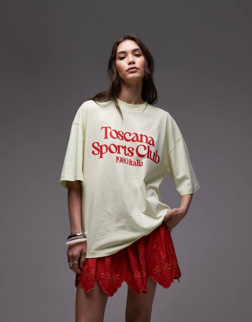 Topshop - Gul oversized T-shirt med grafisk 'Toscana Sports Club'-print i jersey