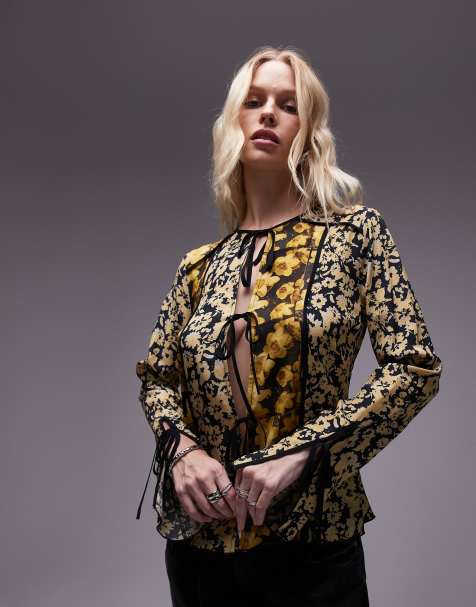 Topshop - Gul patchwork-jakke med bindebånd foran og blomstret tørklædeprint - view 1