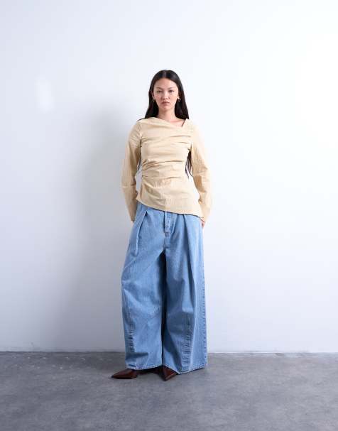 Topshop – Gul, randig topp med draperad design och långa ärmar - view 1