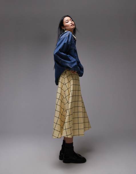 Topshop – Gul, storrutig kjol i vid modell - view 1