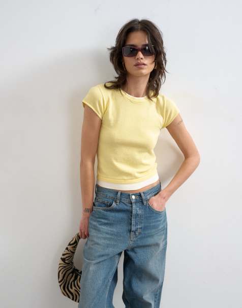 Topshop - Gul T-shirt i to lag med strik - view 1