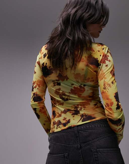 Topshop - Gul top i rynket mesh med lange ærmer og print , 2 af 4
