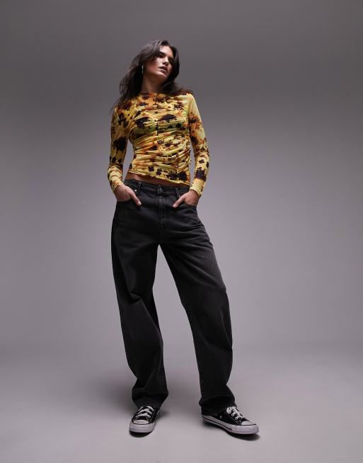Topshop - Gul top i rynket mesh med lange ærmer og print , 4 af 4
