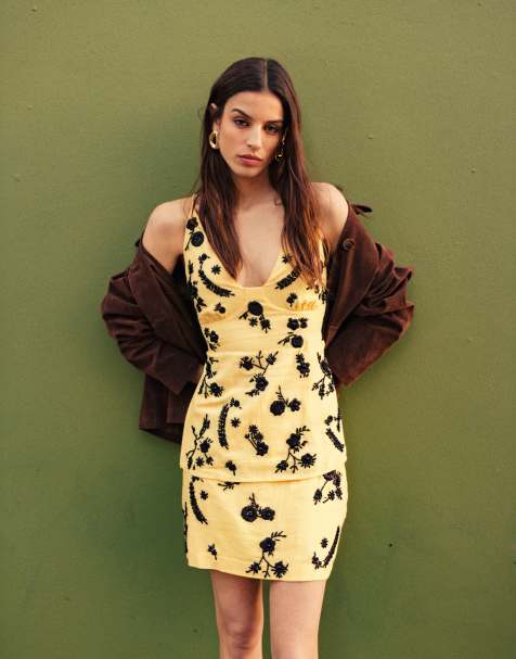 Topshop – Gul topp i broderat linnetyg, del av set - view 1
