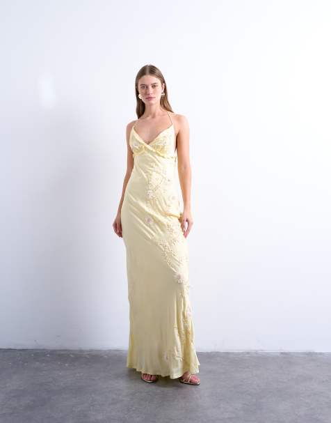 Topshop – Gul, utsmyckad slipklänning med raffia och volang - view 1