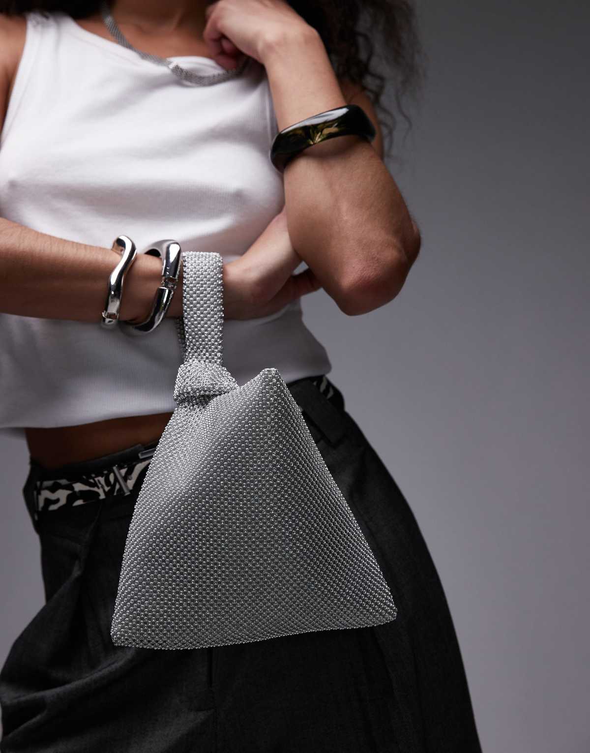 Topshop Gwyn embellished knot grab bag in silver