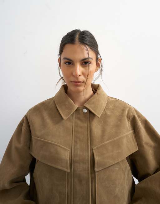 Topshop - Gyldenbrun bomber-jakke i imiteret ruskind med lynlås, 2 af 4