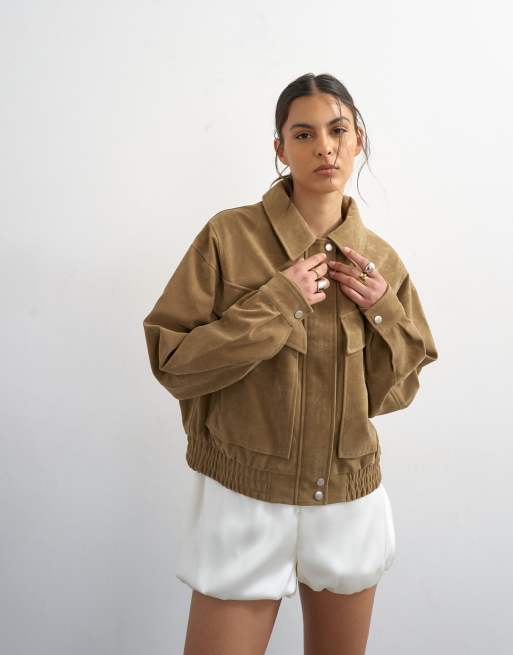 Topshop - Gyldenbrun bomber-jakke i imiteret ruskind med lynlås, 3 af 4