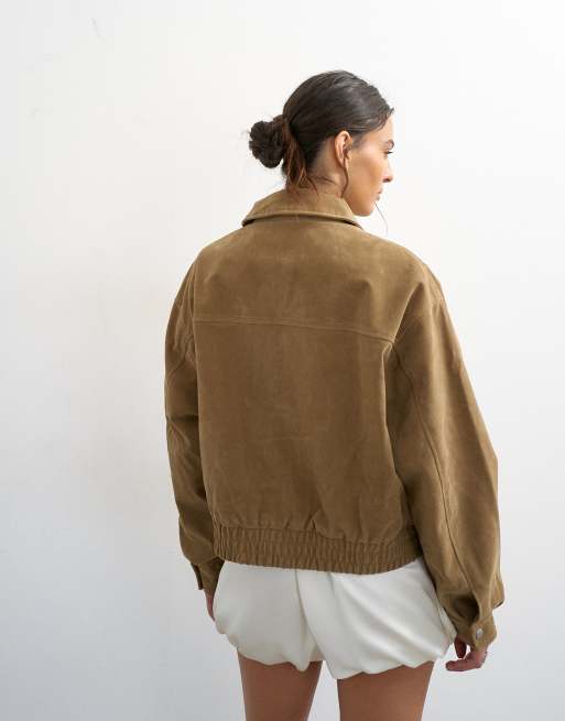 Topshop - Gyldenbrun bomber-jakke i imiteret ruskind med lynlås, 4 af 4