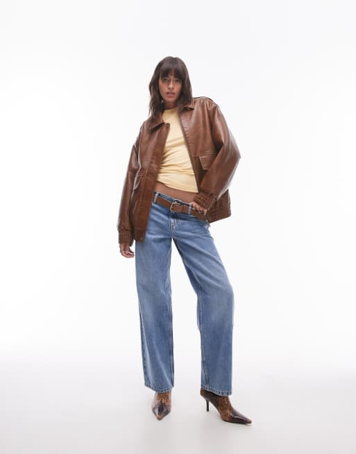 Topshop - Gyldenbrun og oversized bomber-jakke i imiteret læder, 2 af 4