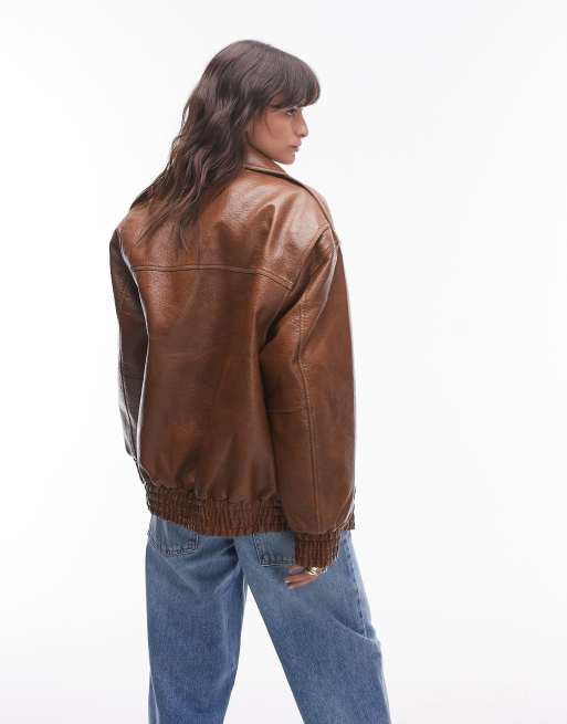 Topshop - Gyldenbrun og oversized bomber-jakke i imiteret læder, 4 af 4