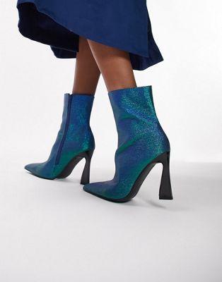 Topshop Hadia high heeled point boot in  blue shimmer