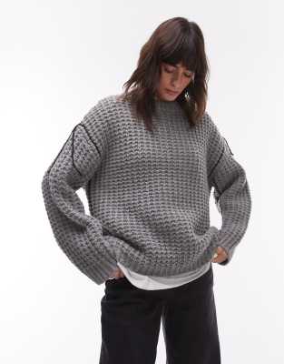 Topshop - Halblanger Oversize-Strickpullover in Grau mit Ziernaht und Rundhalsausschnitt