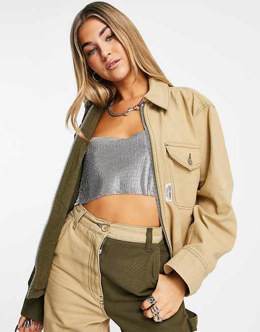 Topshop half and half contrast zip through jacket in khaki and camel ...