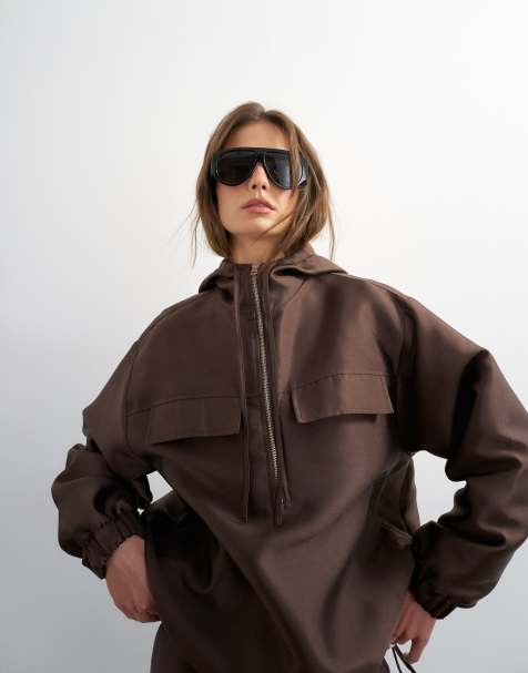 Topshop half zip bomber co ord in brown - view 1