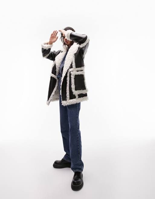 Topshop - Halflang jack van imitatieschapenvacht met details van imitatiebont in zwart