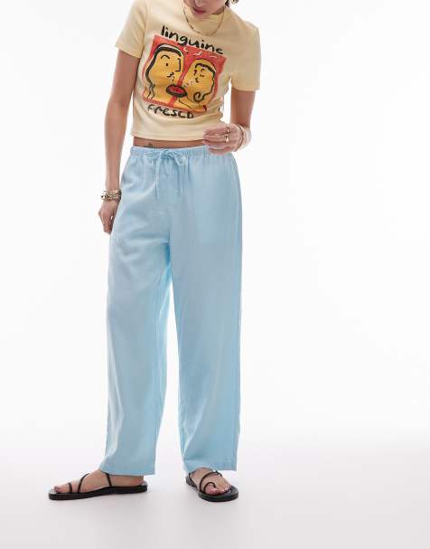 Topshop - Halflange broek met linnen en halfhoge taille in zachtblauw - view 1