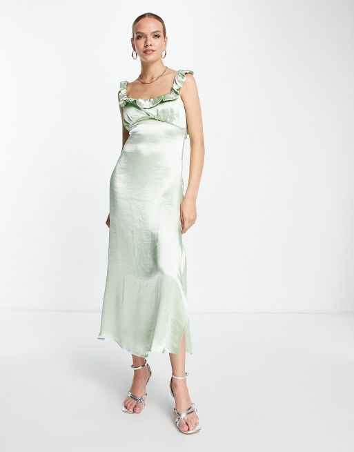 Topshop - Halflange cami-jurk met ruches en gekruiste bandjes op de rug in saliegroen