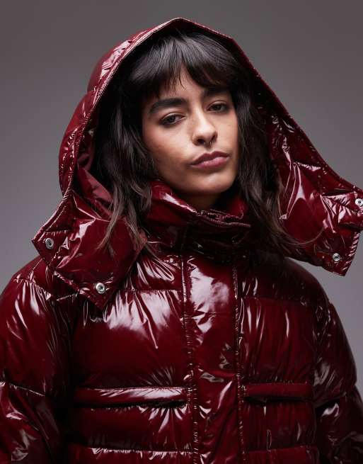 Topshop - Halflange gewatteerde puffer jas met capuchon in bordeauxrood, 3 van 4